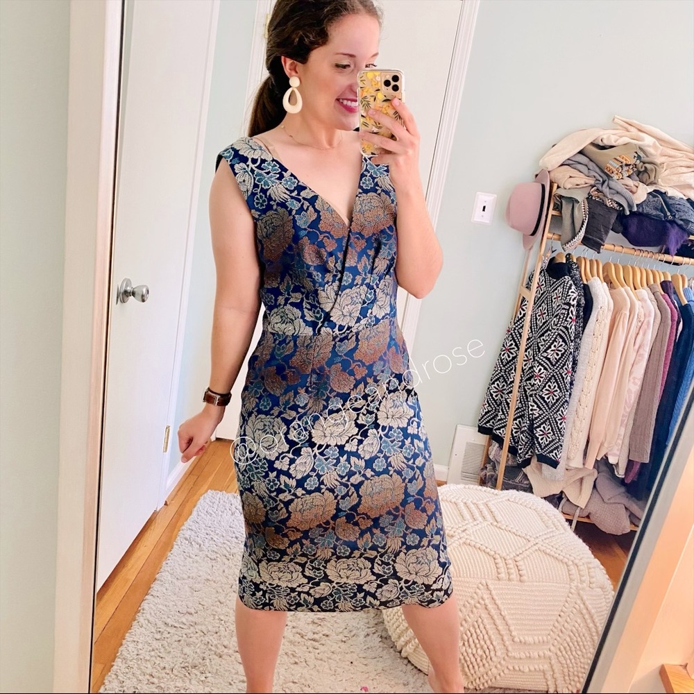 David Meister Blue Brown Ombré Embroidered Dress